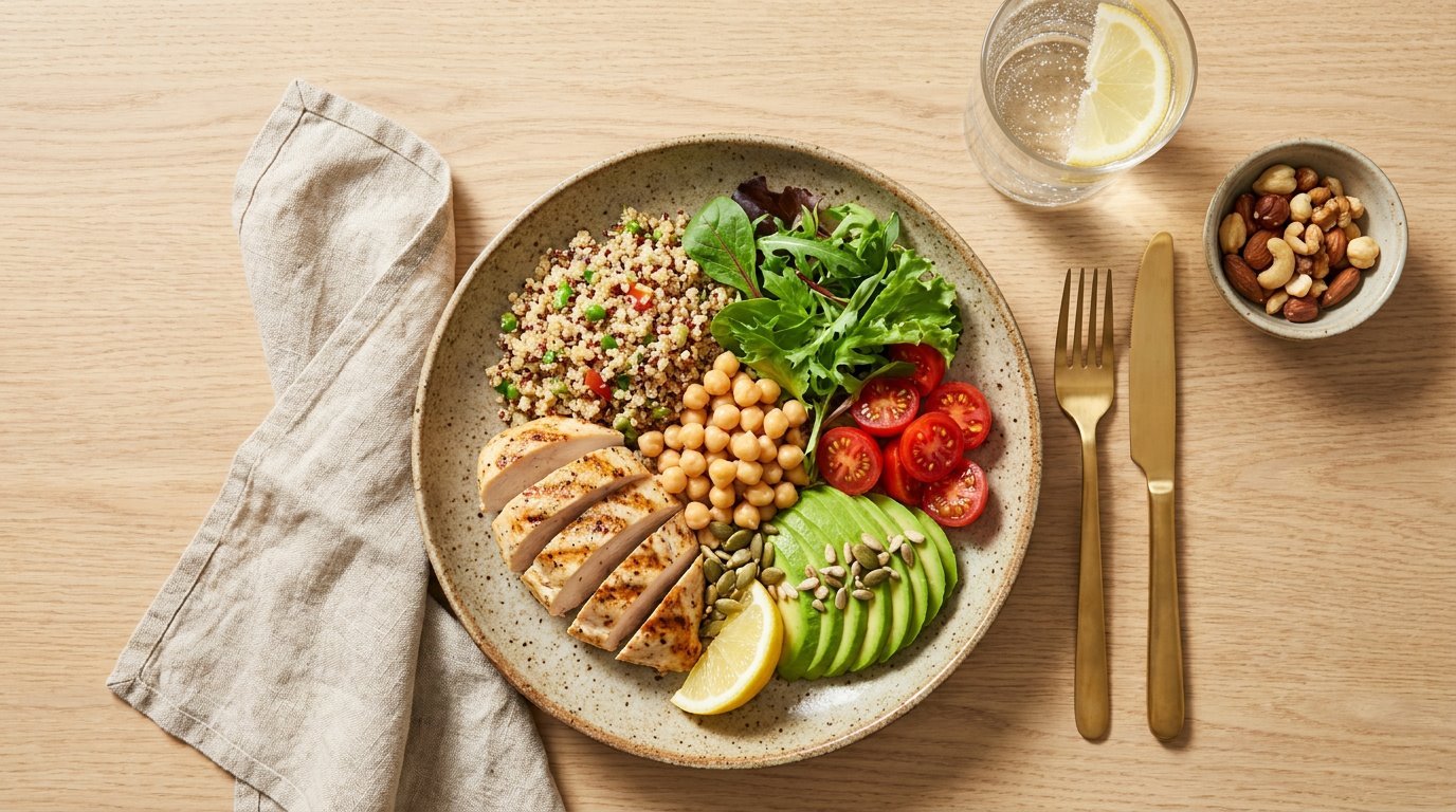 A balanced lunch plate with sliced grilled chicken, quinoa, chickpeas, greens, cherry tomatoes and avocado on a light oak table in daylight