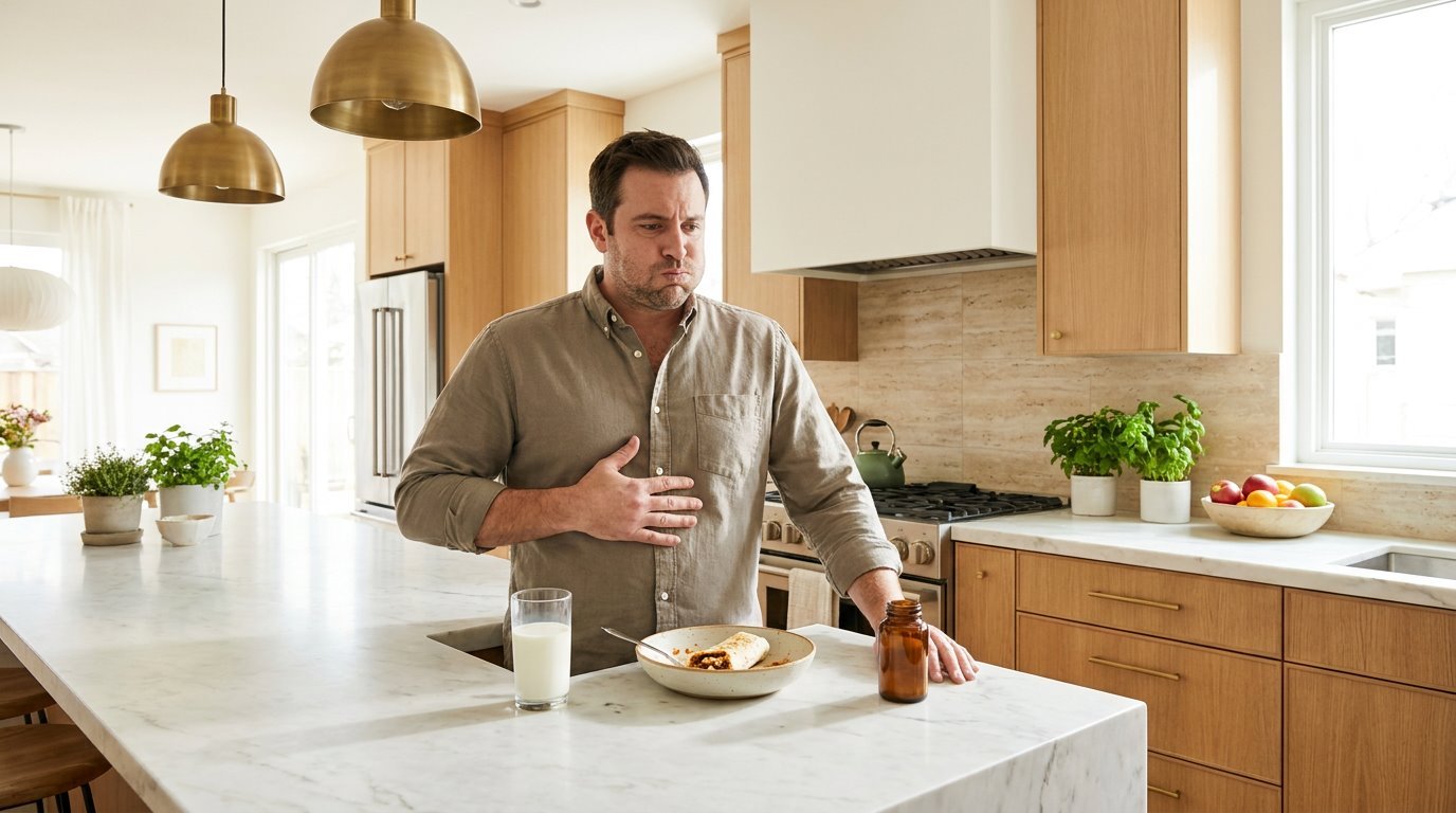 A man standing at a marble kitchen island after lunch with a hand on his stomach and puffed cheeks, feeling bloated, next to a glass of milk, an empty bowl and a small supplement bottle