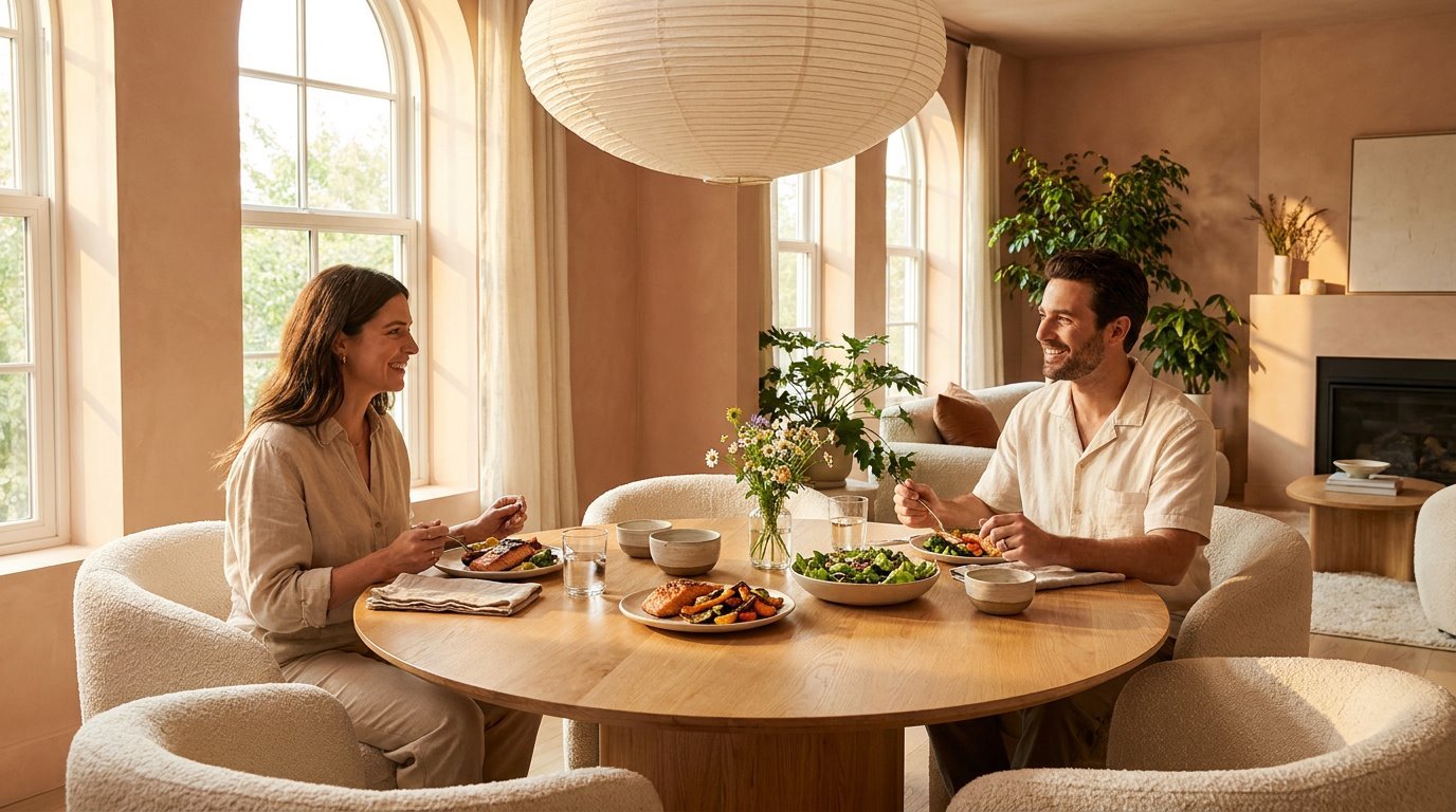 A couple sharing an early dinner of salmon, roasted vegetables and salad at a round oak table in golden early-evening light