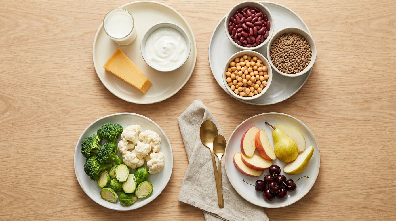 Overhead view of four plates of common gas-producing foods: dairy, beans and lentils, cruciferous vegetables, and fruit