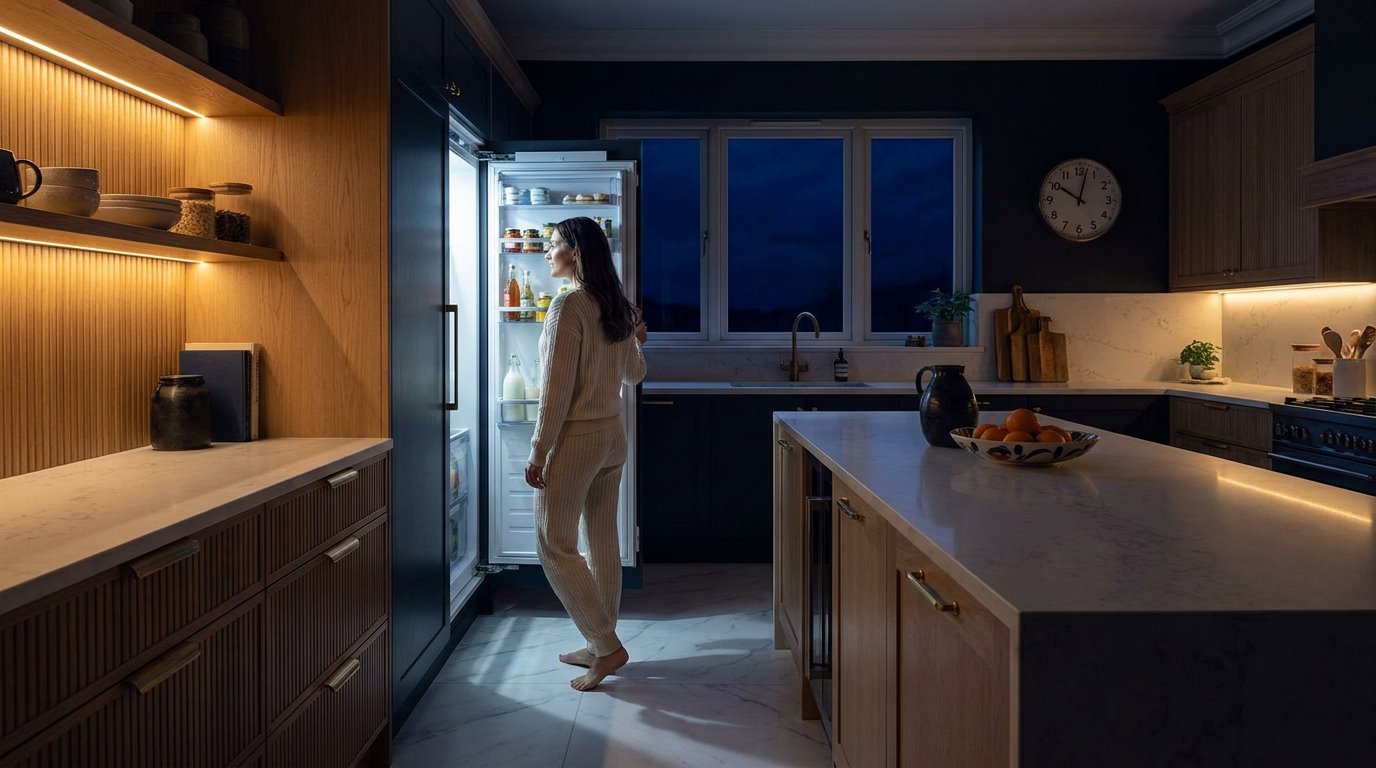 A woman in loungewear opening the refrigerator in a dark kitchen at 10 p.m., lit only by the fridge light