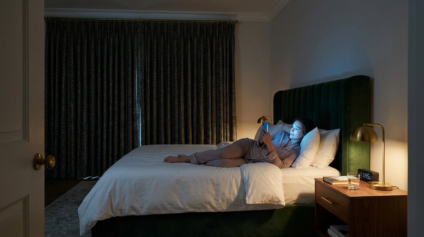 A woman lying in bed late at night with the curtains closed, her face lit by her phone screen while the bedside clock shows 11:45 p.m.