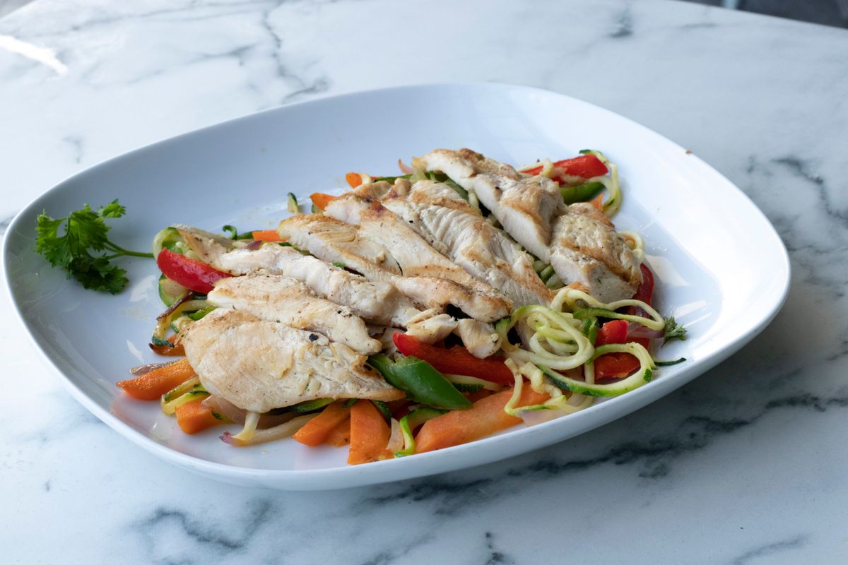 Grilled chicken breast, boiled eggs and green vegetables on a plate