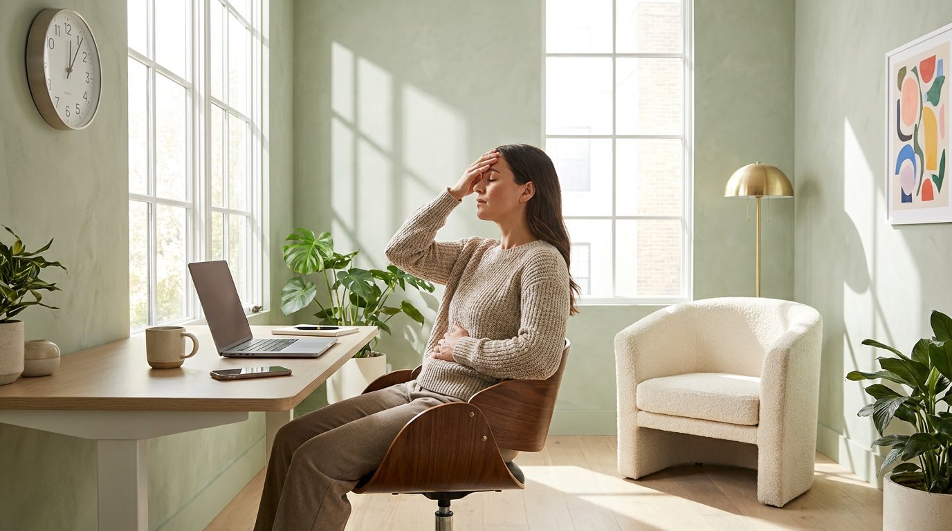A woman at her home office desk in early afternoon, one hand on her forehead and one on her stomach, feeling shaky and weak after skipping lunch, with a wall clock showing about one o'clock