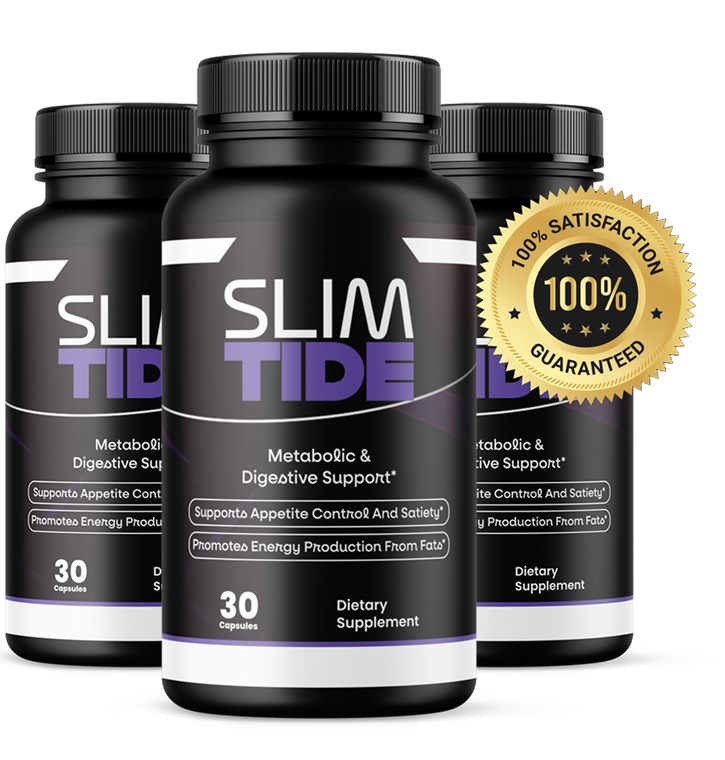 SlimTide synbiotic supplement bottle, official product photo